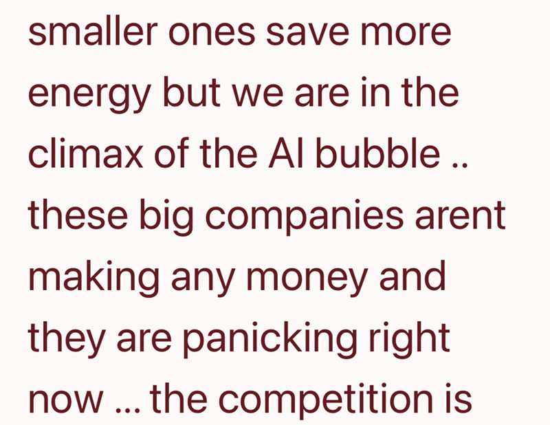 smaller ones save more energy but we are in the climax of the Al bubble .. these big companies arent making any money and they are panicking right now ... the competition is
