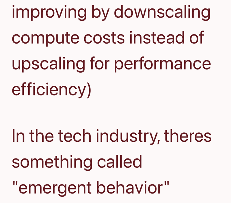 improving by downscaling compute costs instead of upscaling for performance efficiency) In the tech industry, theres something called "emergent behavior"