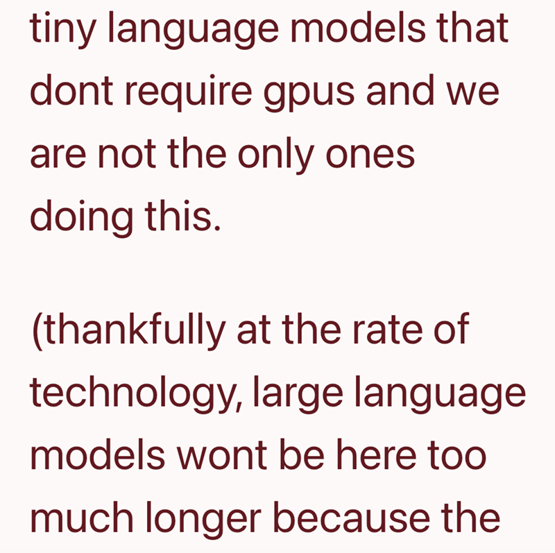 tiny language models that dont require gpus and we are not the only ones doing this. (thankfully at the rate of technology, large language models wont be here too much longer because the