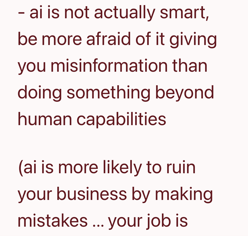 - ai is not actually smart, be more afraid of it giving you misinformation than doing something beyond human capabilities (ai is more likely to ruin your business by making mistakes... your job is