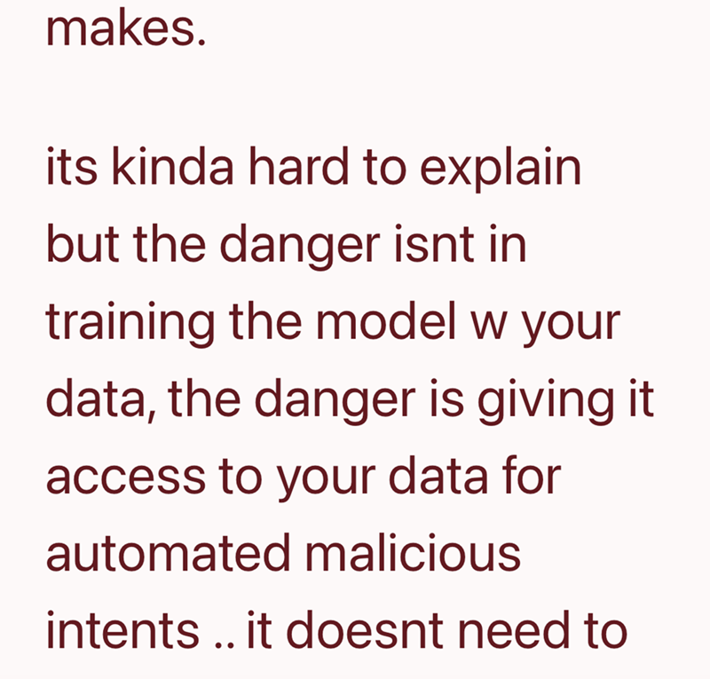 makes. its kinda hard to explain but the danger isnt in training the model w your data, the danger is giving it access to your data for automated malicious intents .. it doesnt need to