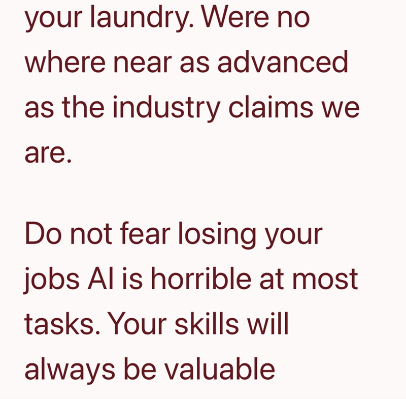 your laundry. Were no where near as advanced as the industry claims we are. Do not fear losing your jobs Al is horrible at most tasks. Your skills will always be valuable