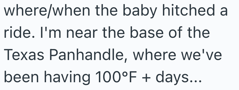 where/when the baby hitched a ride. I'm near the base of the Texas Panhandle, where we've been having 100°F + days...