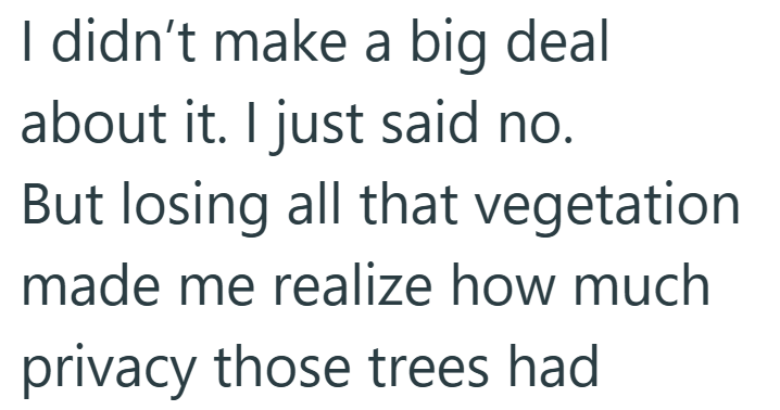I didn't make a big deal about it. I just said no. But losing all that vegetation made me realize how much privacy those trees had