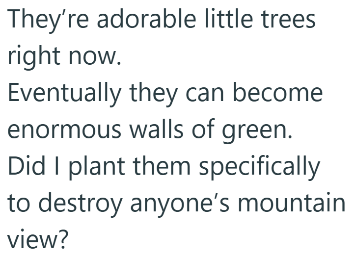 They're adorable little trees. right now. Eventually they can become enormous walls of green. Did I plant them specifically to destroy anyone's mountain view?