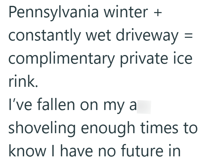 Pennsylvania winter + constantly wet driveway = complimentary private ice rink. I've fallen on my a shoveling enough times to know I have no future in
