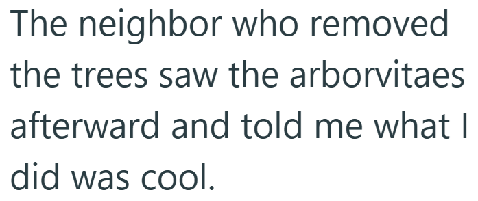 The neighbor who removed the trees saw the arborvitaes afterward and told me what I did was cool.