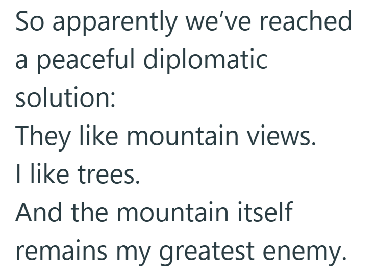 So apparently we've reached a peaceful diplomatic solution: They like mountain views. I like trees. And the mountain itself remains my greatest enemy.