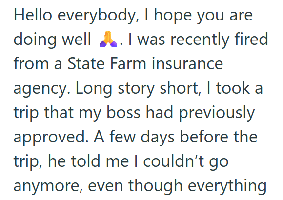 Hello everybody, I hope you are doing well . I was recently fired from a State Farm insurance agency. Long story short, I took a trip that my boss had previously approved. A few days before the trip, he told me I couldn't go anymore, even though everything