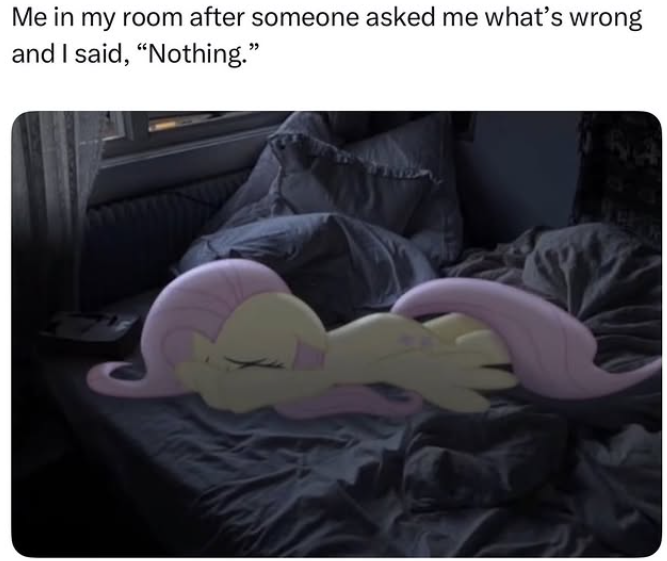 Me in my room after someone asked me what's wrong and I said, "Nothing."