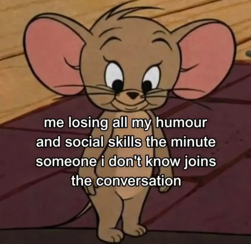 wtjposting me losing all my humour and social skills the minute someone i don't know joins the conversation