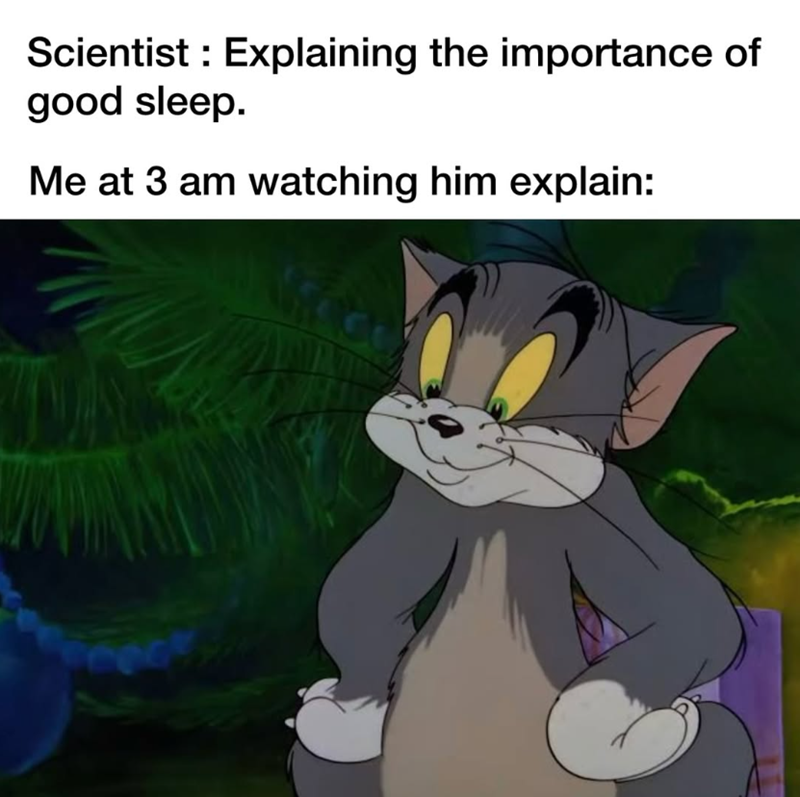 Scientist Explaining the importance of good sleep. Me at 3 am watching him explain: