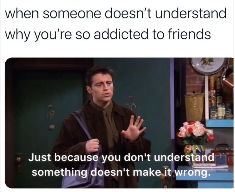 when someone doesn't understand why you're so addicted to friends Just because you don't understand something doesn't make it wrong.