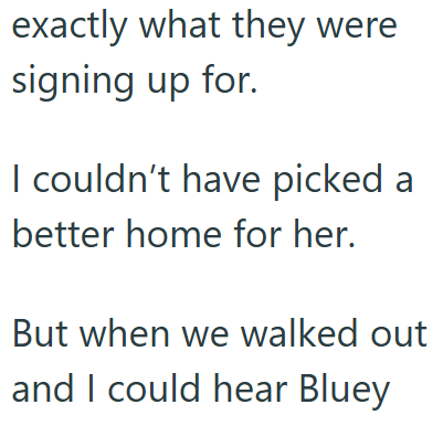 exactly what they were signing up for. I couldn't have picked a better home for her. But when we walked out and I could hear Bluey