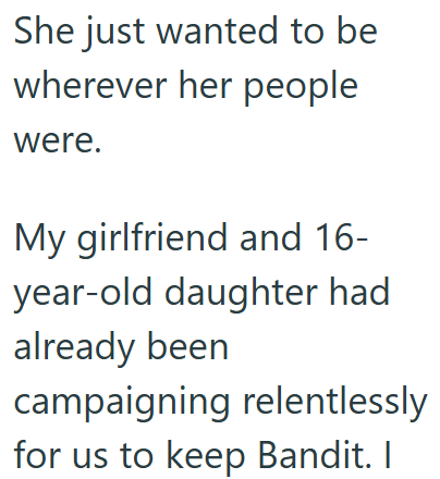She just wanted to be wherever her people were. My girlfriend and 16- year-old daughter had already been campaigning relentlessly for us to keep Bandit. I