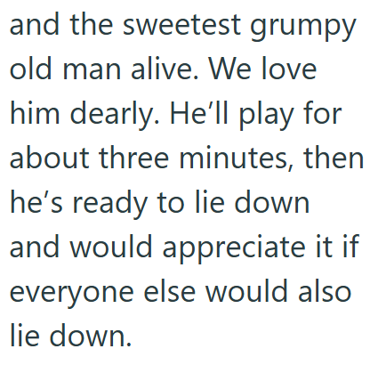 and the sweetest grumpy old man alive. We love him dearly. He'll play for about three minutes, then he's ready to lie down and would appreciate it if everyone else would also lie down.