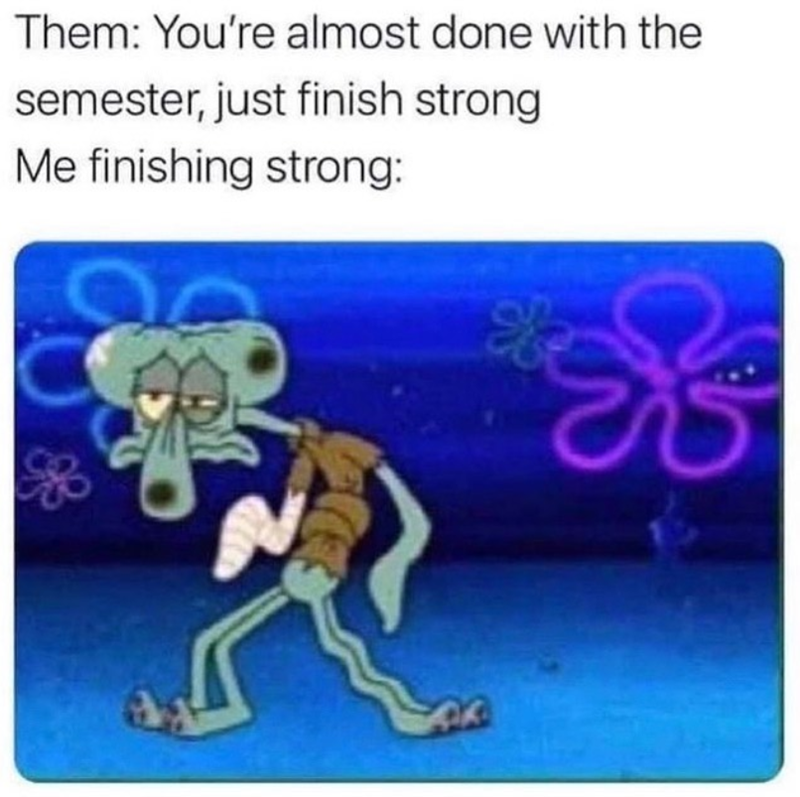 Them: You're almost done with the semester, just finish strong Me finishing strong: