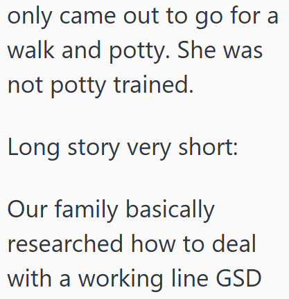 only came out to go for a walk and potty. She was not potty trained. Long story very short: Our family basically researched how to deal with a working line GSD