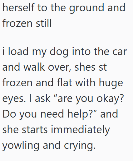 herself to the ground and frozen still i load my dog into the car and walk over, shes st frozen and flat with huge eyes. I ask "are you okay? Do you need help?" and she starts immediately yowling and crying.