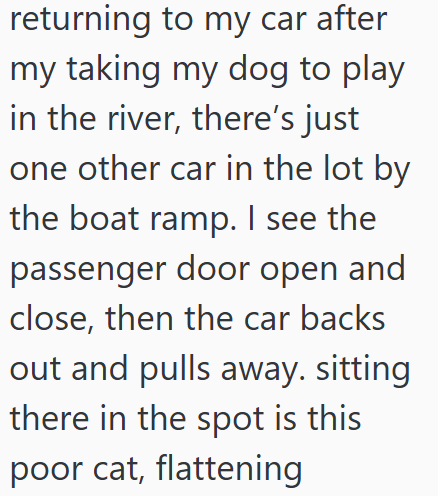 returning to my car after my taking my dog to play in the river, there's just one other car in the lot by the boat ramp. I see the passenger door open and close, then the car backs out and pulls away. sitting there in the spot is this poor cat, flattening