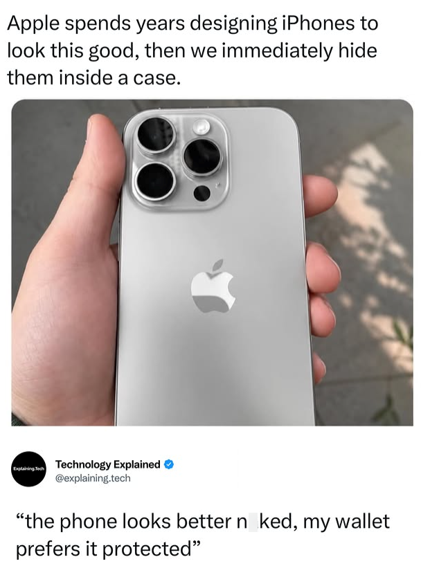 Apple spends years designing iPhones to look this good, then we immediately hide them inside a case. Explaining Tech Technology Explained @explaining.tech "the phone looks better n ked, my wallet prefers it protected"