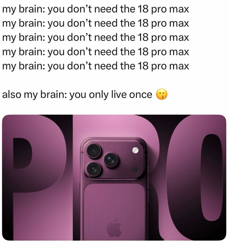my brain: you don't need the 18 pro max my brain: you don't need the 18 pro max my brain: you don't need the 18 pro max my brain: you don't need the 18 pro max my brain: you don't need the 18 pro max also my brain: you only live once D