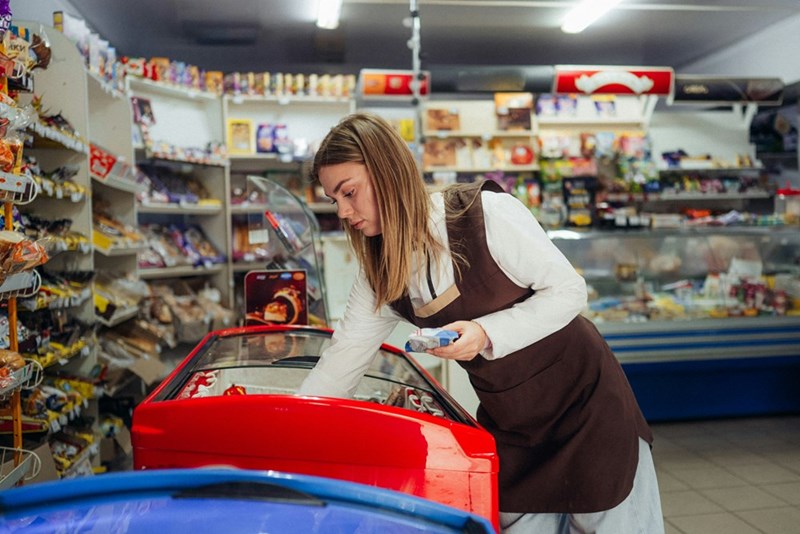 A young woman stocks products in a red freezer in a store
