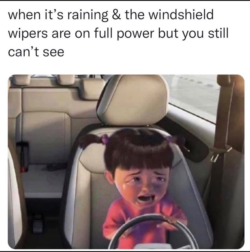 when it's raining & the windshield wipers are on full power but you still can't see