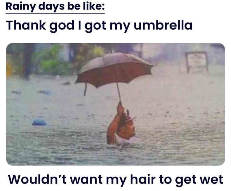 Rainy days be like: Thank god I got my umbrella Wouldn't want my hair to get wet
