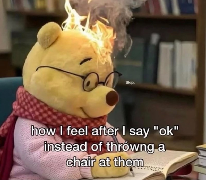 Skip. how I feel after I say "ok" instead of throwng a chair at them