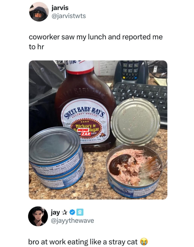 jarvis @jarvistwts coworker saw my lunch and reported me to hr 110 SWEET BABY RAY'S SAUCES Hickory & MEME ugar ZARauce 128021 B 12 02794 jay✰✰ @jayythewave bro at work eating like a stray cat