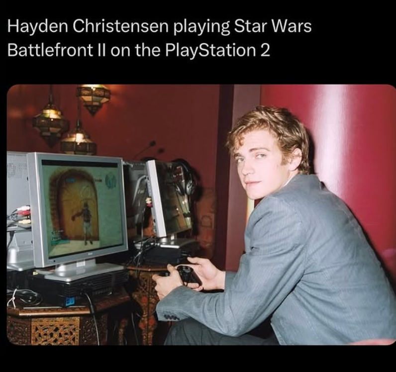 Hayden Christensen playing Star Wars Battlefront II on the PlayStation 2