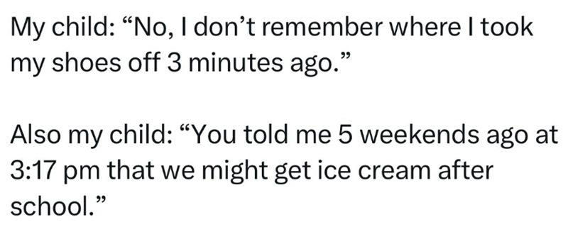 My child: "No, I don't remember where I took my shoes off 3 minutes ago." Also my child: "You told me 5 weekends ago at 3:17 pm that we might get ice cream after school."