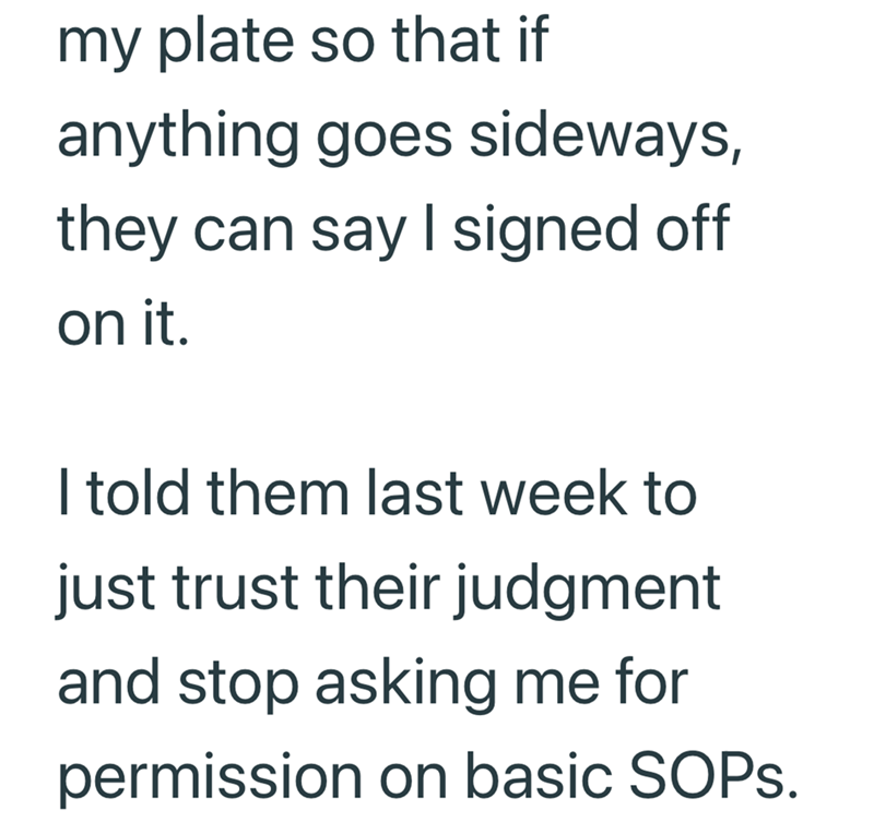 my plate so that if anything goes sideways, they can say I signed off on it. I told them last week to just trust their judgment and stop asking me for permission on basic SOPs.