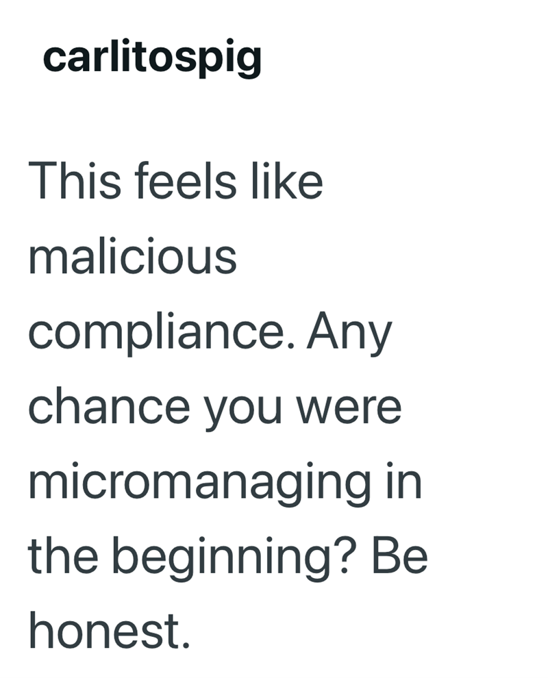 carlitospig This feels like malicious compliance. Any chance you were micromanaging in the beginning? Be honest.