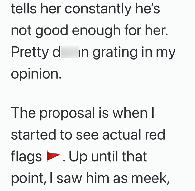 tells her constantly he's not good enough for her. Pretty d in grating in my opinion. The proposal is when I started to see actual red flags . Up until that point, I saw him as meek,