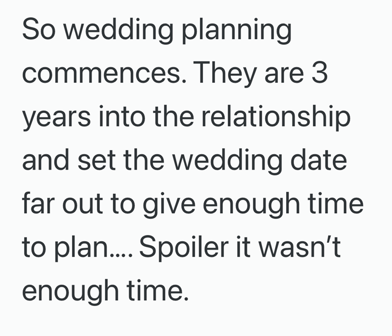 So wedding planning commences. They are 3 years into the relationship and set the wedding date far out to give enough time to plan.... Spoiler it wasn't enough time.