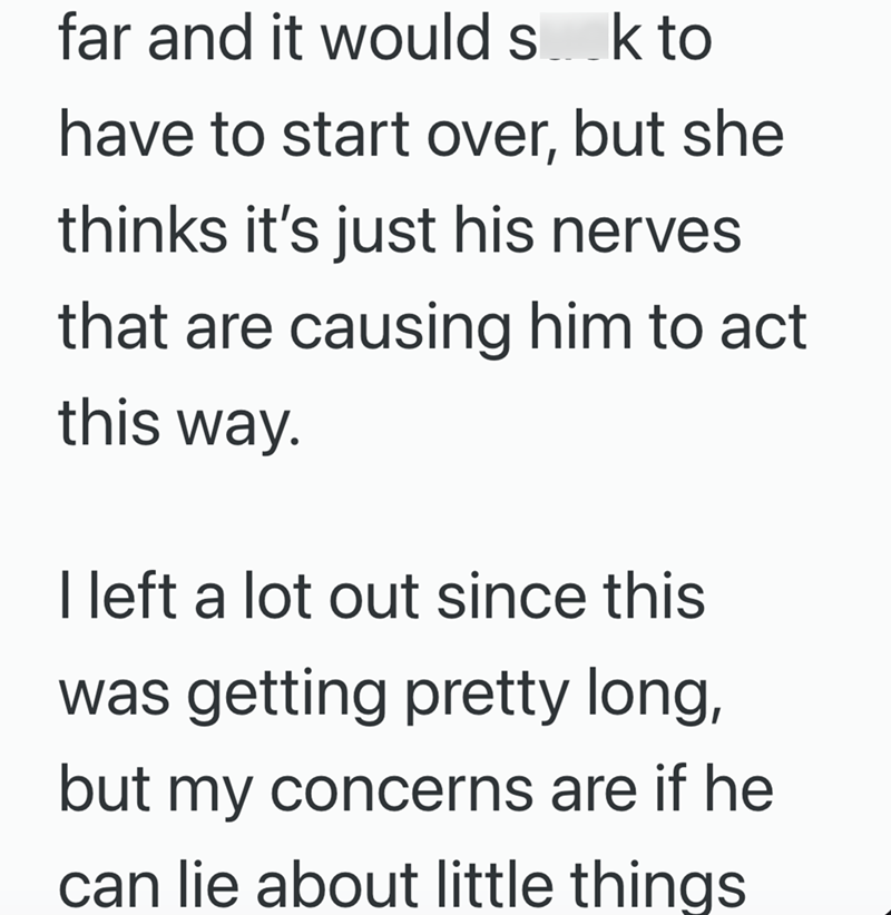 far and it would sk to have to start over, but she thinks it's just his nerves that are causing him to act this way. I left a lot out since this was getting pretty long, but my concerns are if he can lie about little things