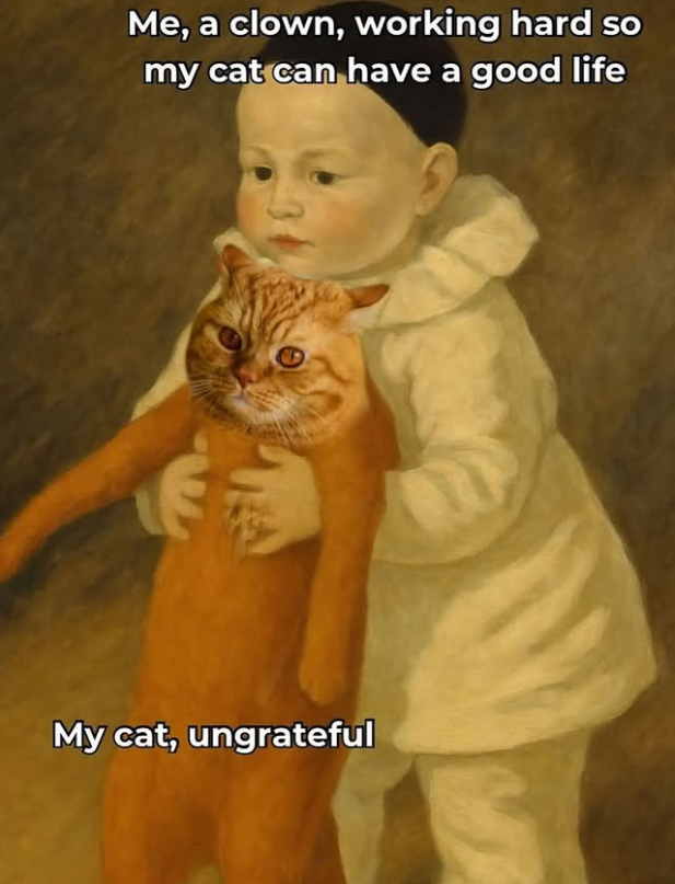 Me, a clown, working hard so my cat can have a good life My cat, ungrateful