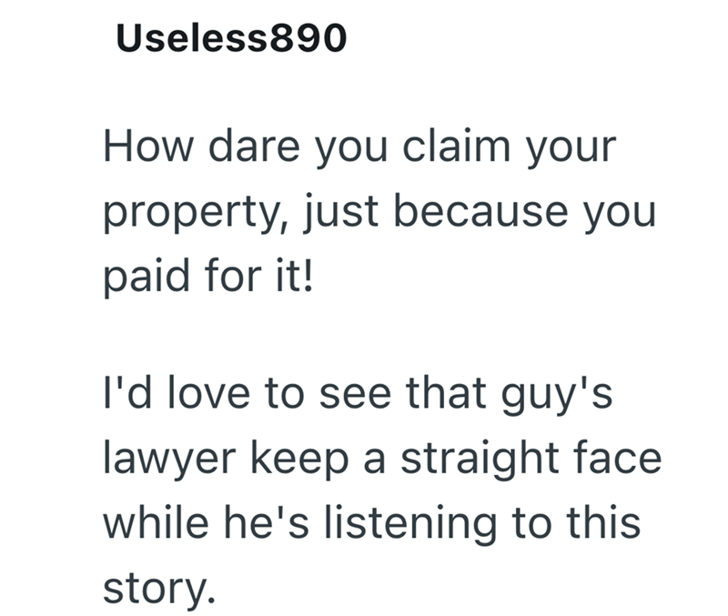 Useless890 How dare you claim your property, just because you paid for it! I'd love to see that guy's lawyer keep a straight face while he's listening to this story.