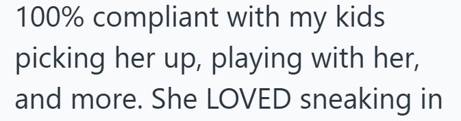 100% compliant with my kids picking her up, playing with her, and more. She LOVED sneaking in