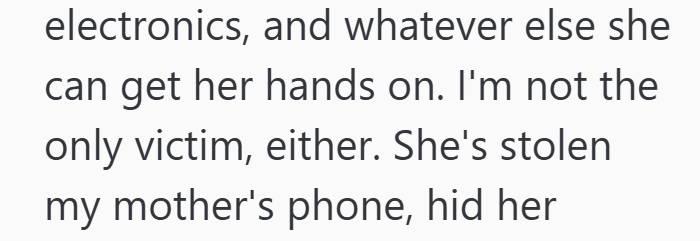 electronics, and whatever else she can get her hands on. I'm not the only victim, either. She's stolen my mother's phone, hid her