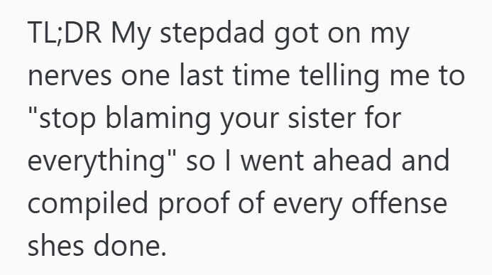 TL;DR My stepdad got on my nerves one last time telling me to "stop blaming your sister for everything" so I went ahead and compiled proof of every offense shes done.
