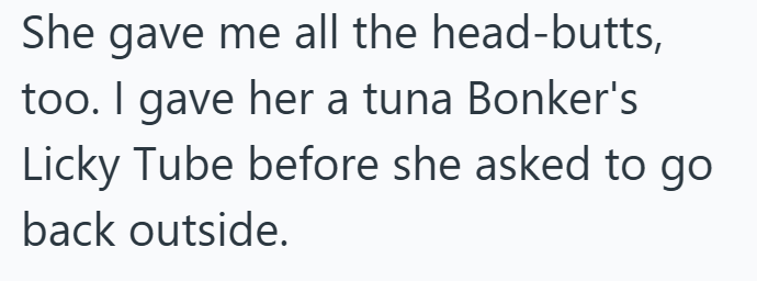 She gave me all the head-butts, too. I gave her a tuna Bonker's Licky Tube before she asked to go back outside.