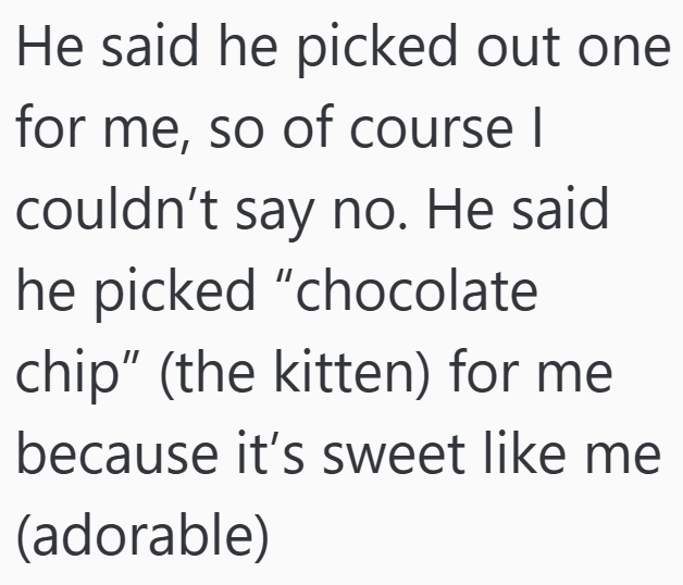 He said he picked out one for me, so of course I couldn't say no. He said he picked "chocolate chip" (the kitten) for me because it's sweet like me (adorable)