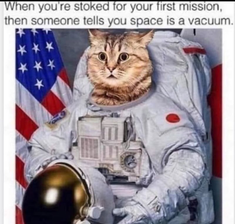 When you're stoked for your first mission, then someone tells you space is a vacuum. ** *