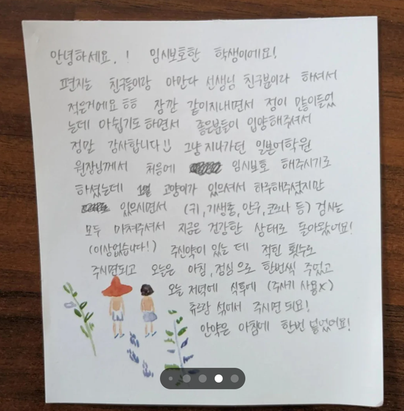 안녕하세요.! 임시보호한 학생이에요! 편지는 친구들이랑 아만다 선생님 친구분이라 하셔서 적은거에요 ㅎㅎ 잠깐 같이지내면서 정이 많이들었 는데 아쉽기도 하면서 좋은분들이 입양해주셔서 정말 감사합니다! 그냥 지나가던 일본어학원 원장님께서 처음에 한 임시보호 해주시기로 하셨는데 1일 고양이가 있으셔서 하루해주셨지만 히로 있으시면서 (귀, 기생충, 안구, 코로나 등) 검사는 모두 마쳐주셔서 지금은 건강한 상태로 돌아왔어요! (이상없습니다!) 주신약이 있는데 적힌 횟수로 주시면되고 오늘은 아침, 점심으로 한번씩 주었고 FEC 오늘 저녁에 식후에 (주사기 사용X) 츄르랑 섞어서 주시면 되요! 안약은 아침에 한번 넣었어요!