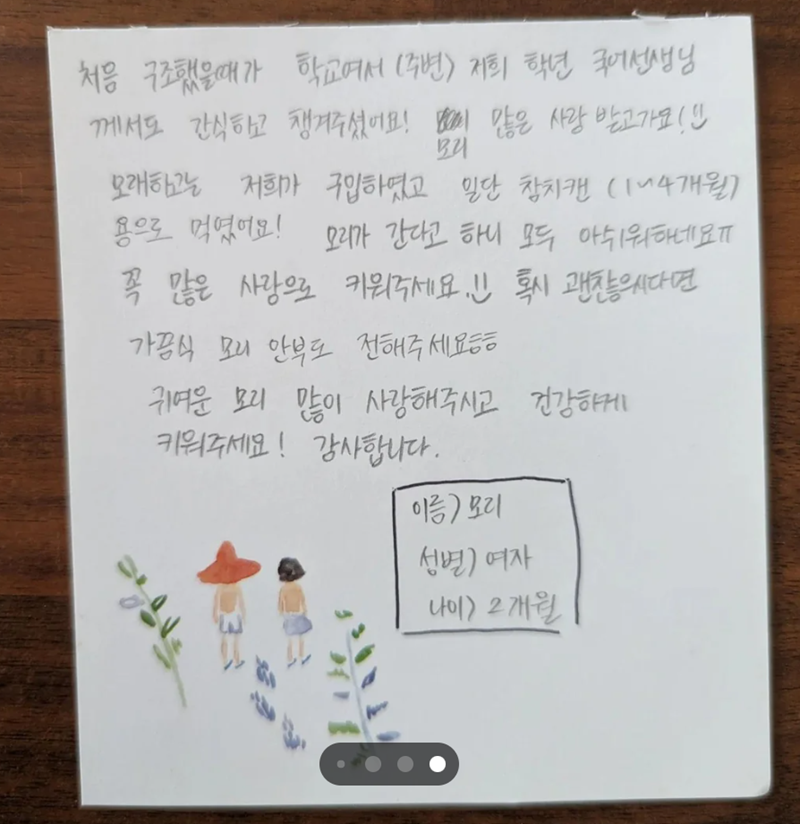 처음 구조했을때가 학교여서 (주변) 저희 학년 국어선생님 께서도 간식하고 챙겨주셨어요! 단죄 많은 사랑 받고가요!! 모리 모래하고는 저희가 구입하였고 일단 참치캔 (1~4개월) 용으로 먹였어요! 오리가 간다고 하니 모두 아쉬워하네요ㅠ 꼭 많은 사랑으로 키워주세요.! 혹시 괜찮으시다면 가끔식 모리 안부도 전해주세요ㅎㅎ 귀여운 모리 많이 사랑해주시고 건강하게 키워주세요! 감사합니다. FE 이름) 모리 성별) 여자 나이) 2개월