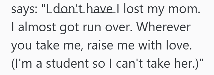 says: "Ldon't have I lost my mom. I almost got run over. Wherever you take me, raise me with love. (I'm a student so I can't take her.)"