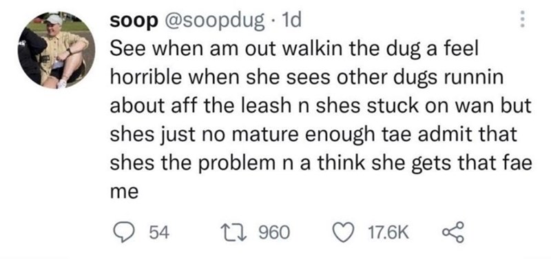 soop @soopdug. 1d See when am out walkin the dug a feel horrible when she sees other dugs runnin about aff the leash n shes stuck on wan but shes just no mature enough tae admit that shes the problem n a think she gets that fae me 54 17 960 17.6K